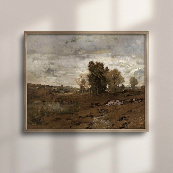Golden Autumn Field with Pond Under Cloudy Sky Vintage Poster