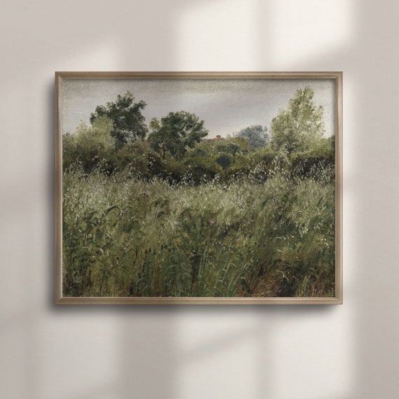 Charming Cottage Landscape Painting Antique Country Art Print Farmhouse Wall Decor Vintage Home Accent Green Landscape Artwork C16 489