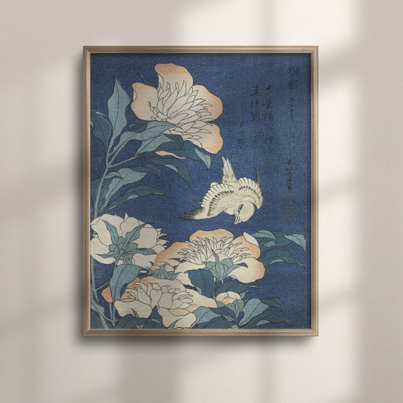 Katsushika Hokusai Canary and Peonies Ukiyo-E Art Print