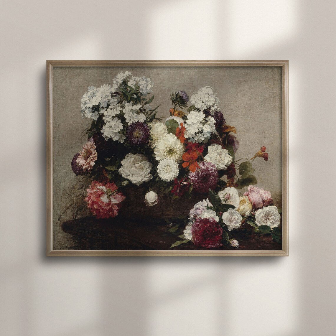 Antique Dark Floral Still Life Bouquet Of White Phlox And Roses Print