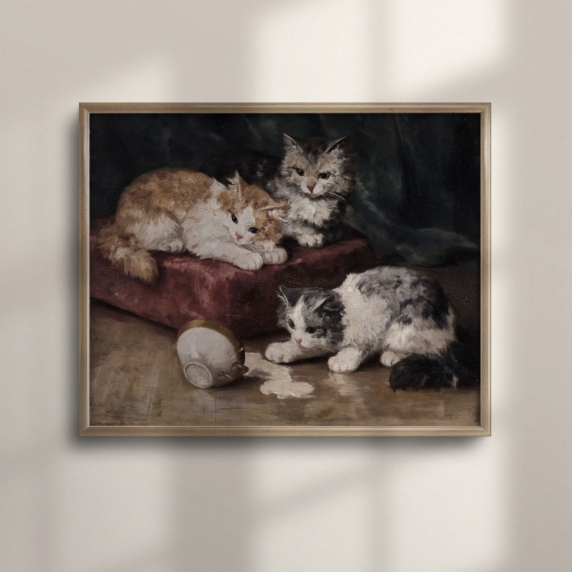 Vintage Kittens Spilled Cup Rustic Cat Oil Painting Animal Art Poster