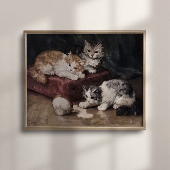 Vintage Kittens Spilled Cup Rustic Cat Oil Painting Animal Art Poster
