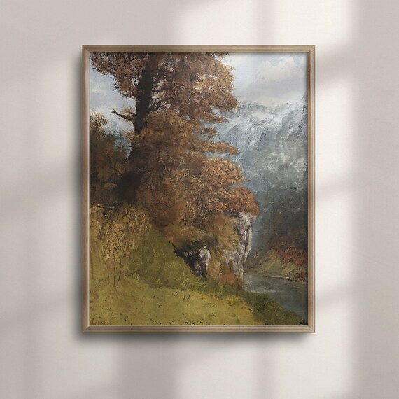 Autumn Cliff River Landscape Signed Courbet Vintage Painting Art Poster