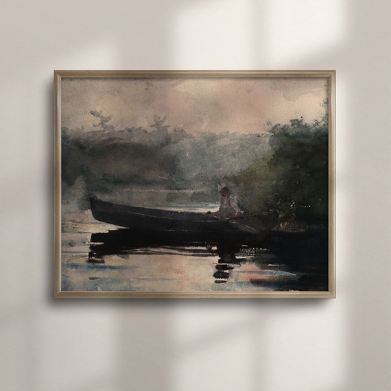 Vintage Moody Landscape Painting Art Rustic Farmhouse Decor Antique French Landscape Classic Artwork Moody Nature Dark Lake C16 703