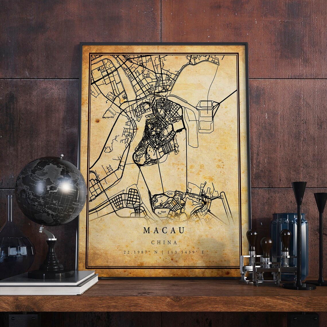 Macau China Vintage City Street Map Asian Harbor Travel Poster