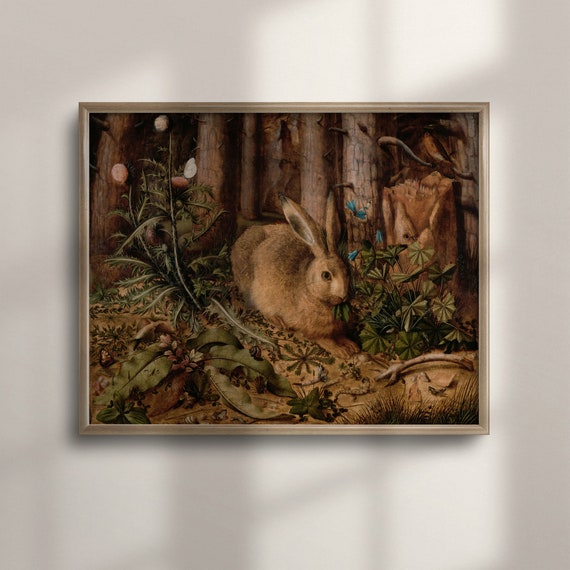 Rabbit Painting Art Print, Vintage Woodland Decor