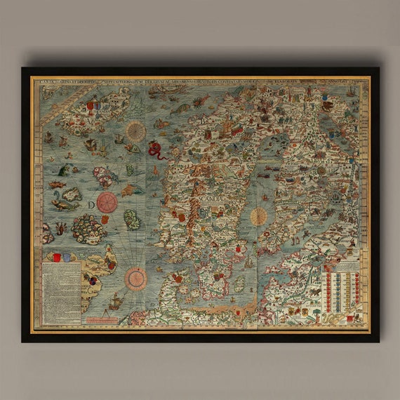 Carta Marina Scandinavia Map, Antique Reprint Art Print