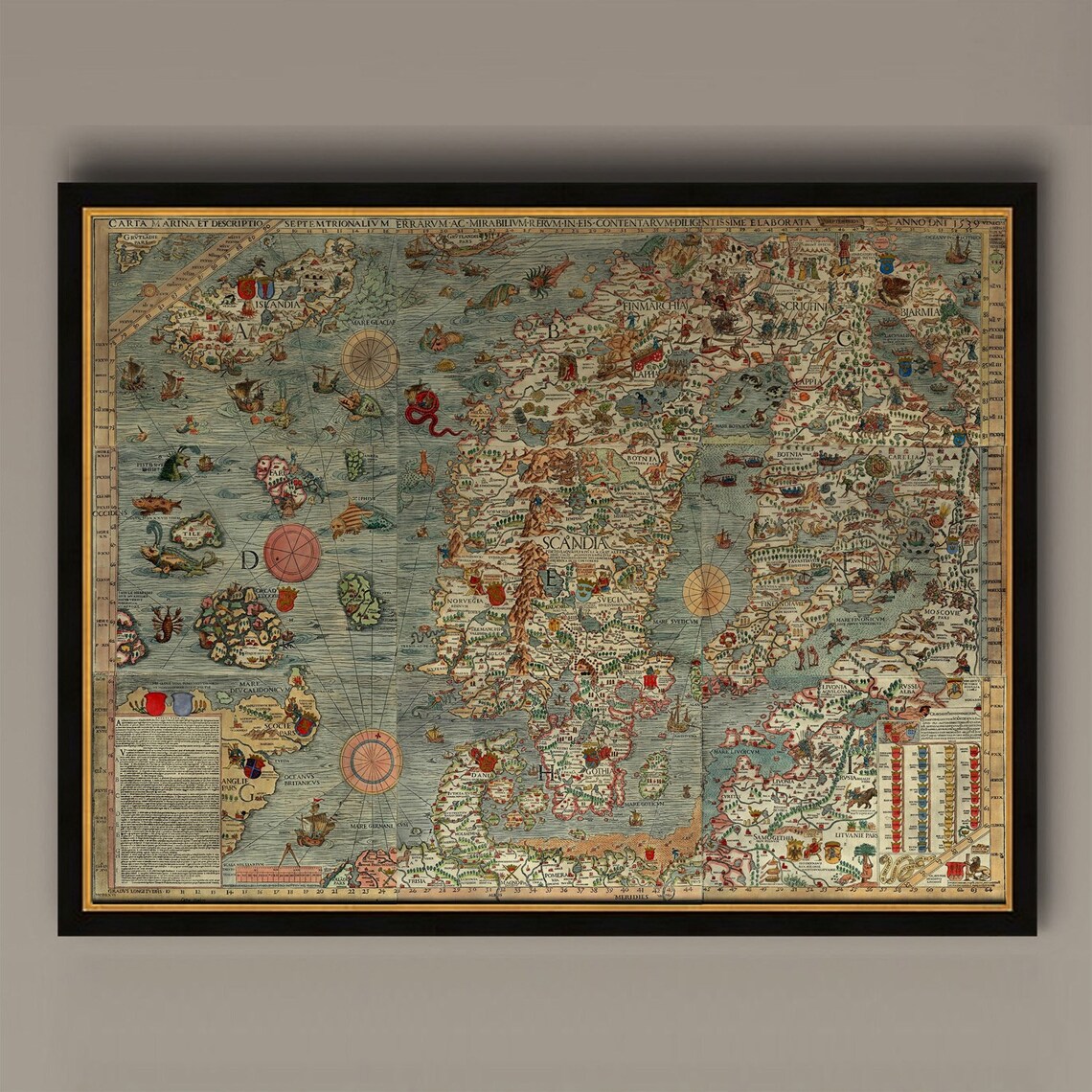 Carta Marina Scandinavia Map, Antique Reprint Art Print
