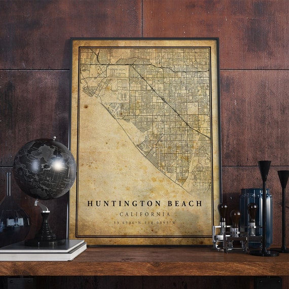 Huntington Beach Vintage Map Poster, Rustic California