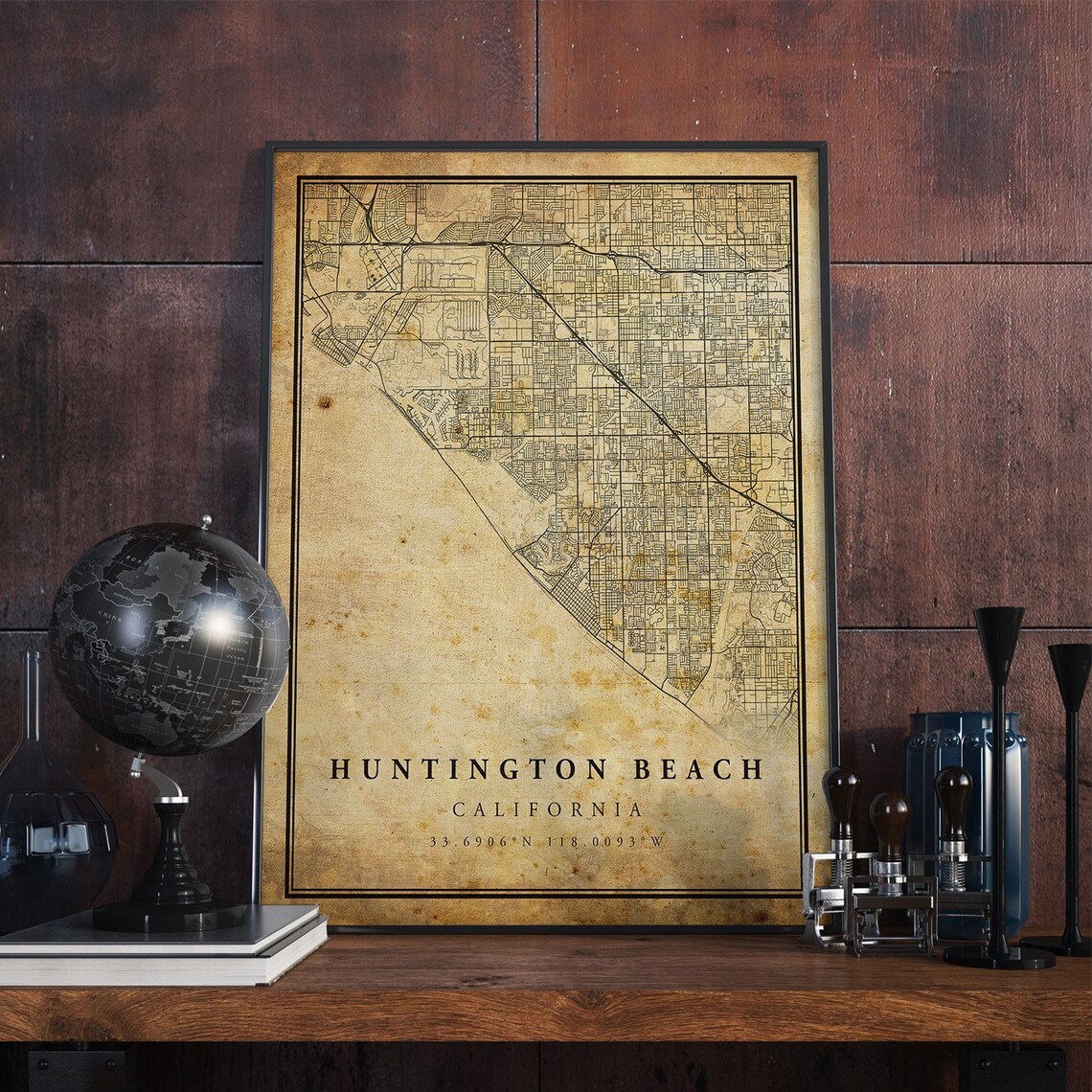 Huntington Beach Vintage Map Poster, Rustic California