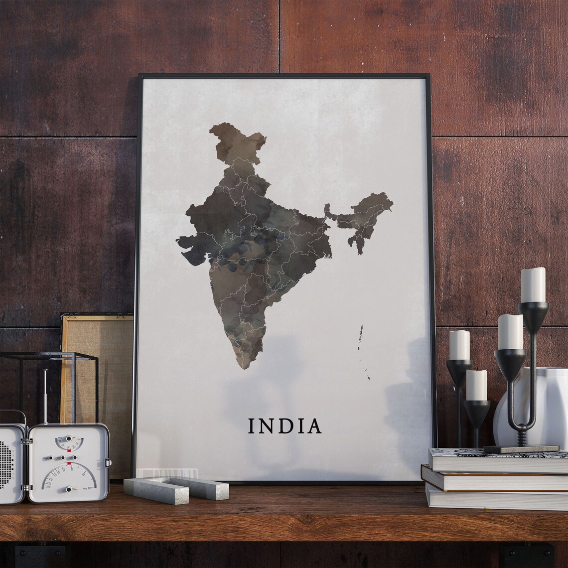 India Watercolor Country Map Poster Silhouette Travel Gift Art