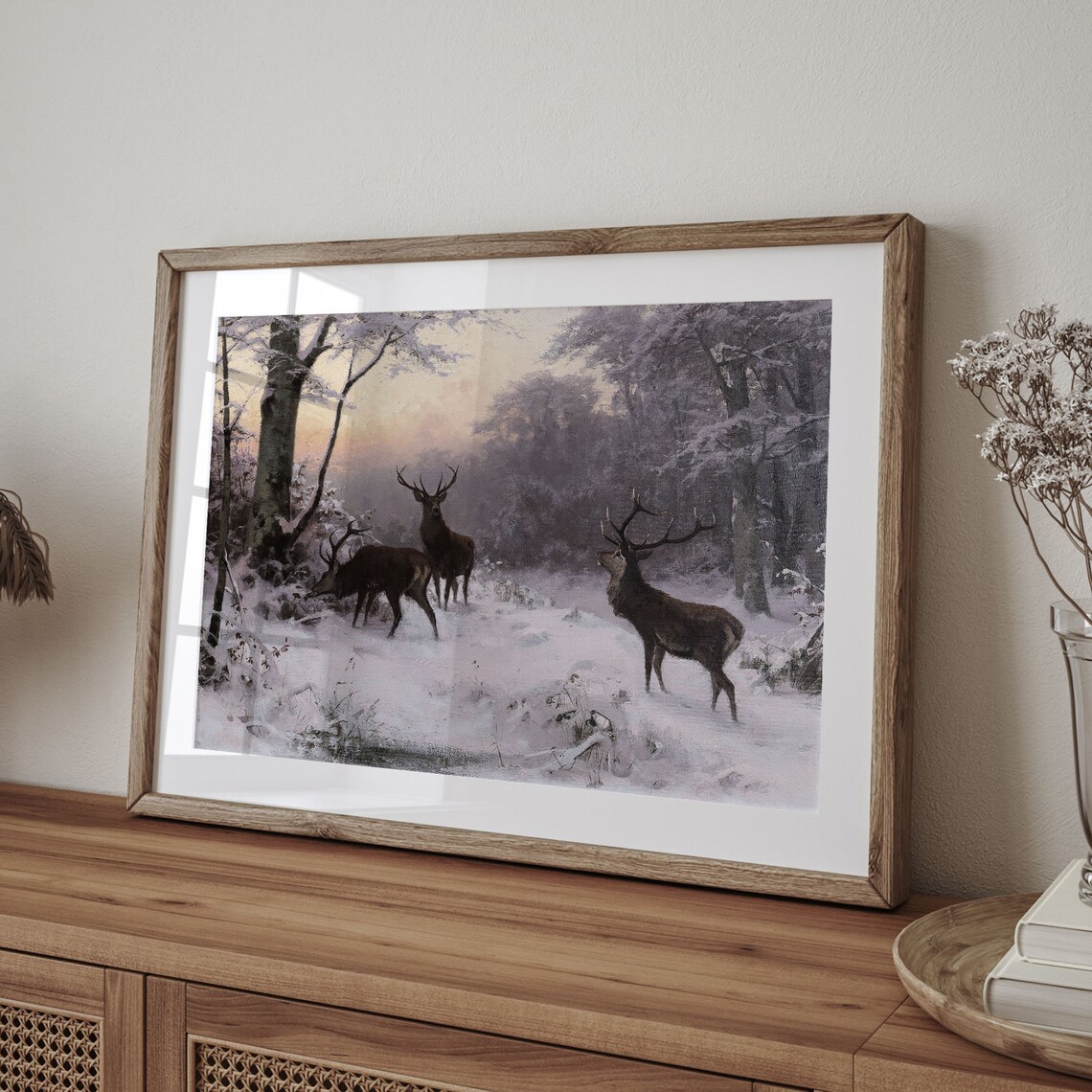 Red Deer Stags Snowy Winter Forest Dusk Antique Wildlife Painting Poster - Image 4