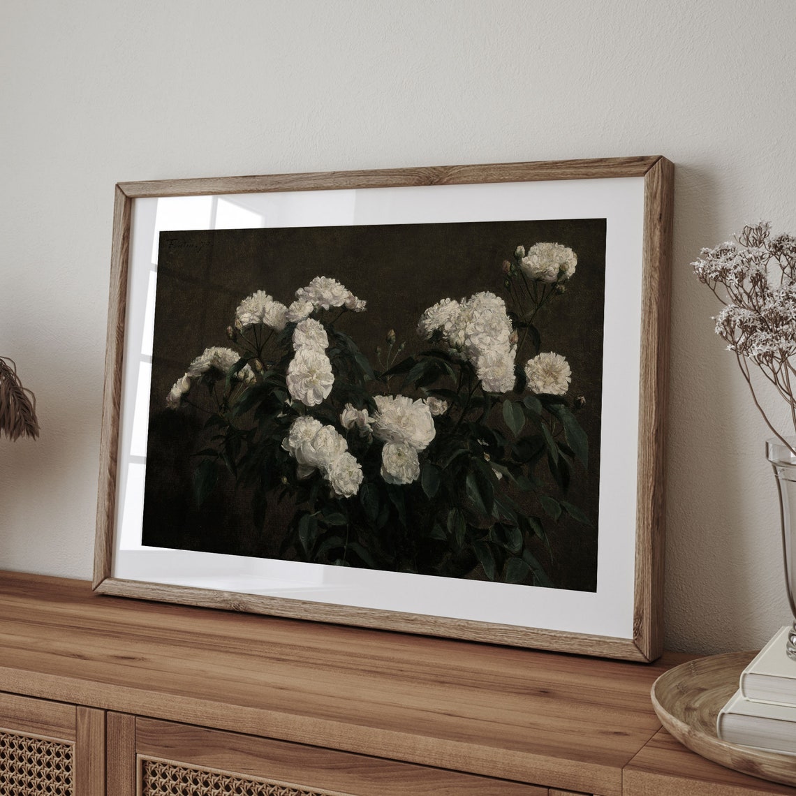 White Roses Bouquet Antique Oil Painting Dark Background Poster - Image 4