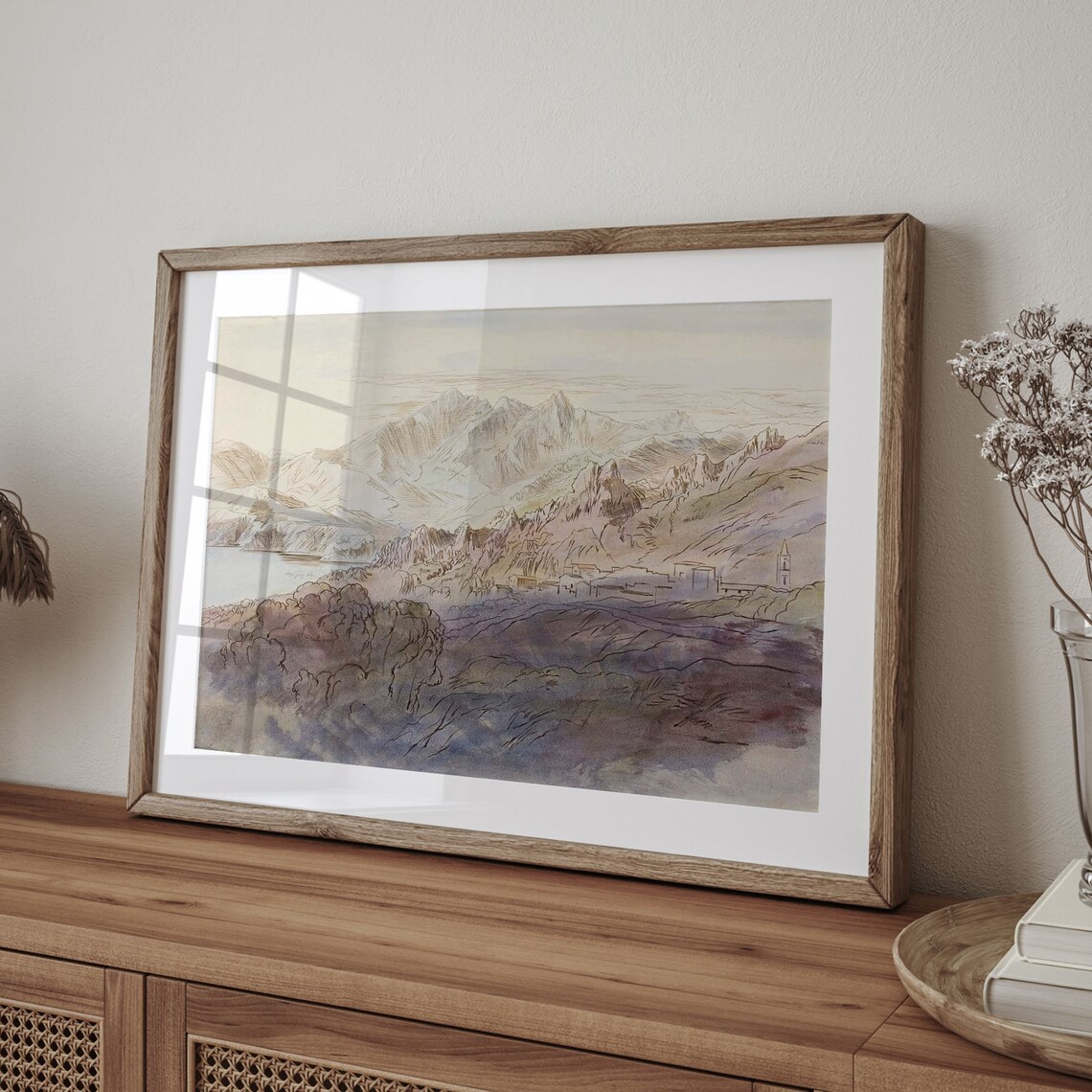 Mountain Panorama with Seaside Village Antique Watercolor Painting Poster - Image 4