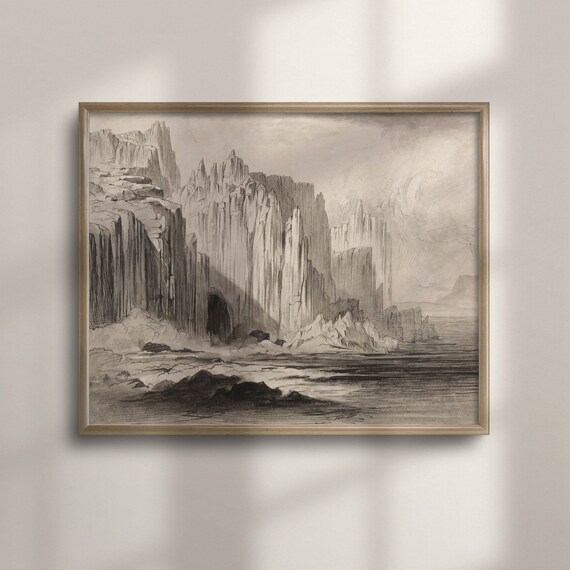Dramatic Sea Cliffs Sepia Antique Coastal Etching Drawing Poster