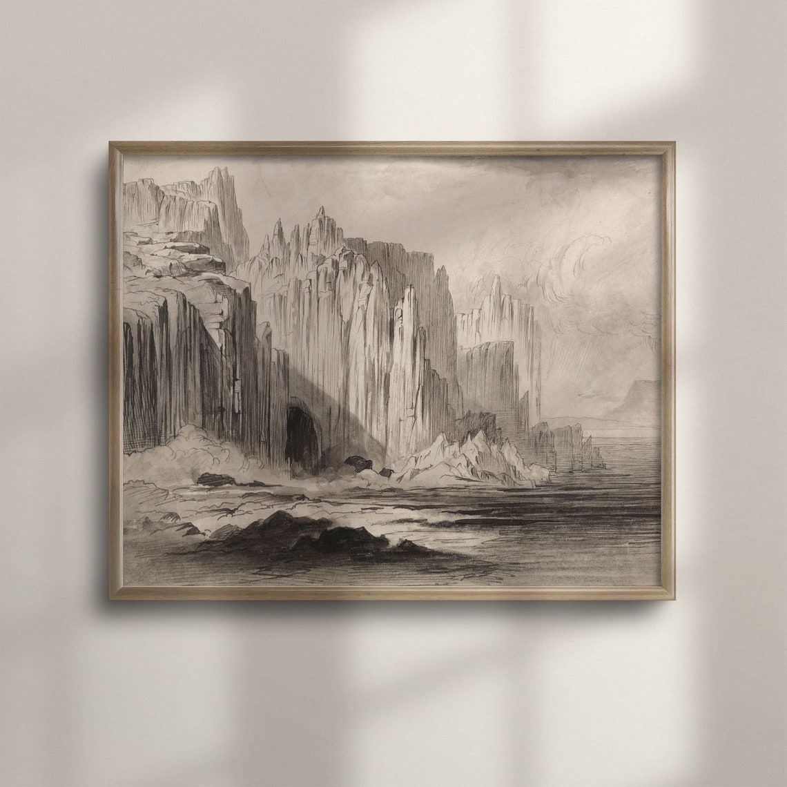 Dramatic Sea Cliffs Sepia Antique Coastal Etching Drawing Poster