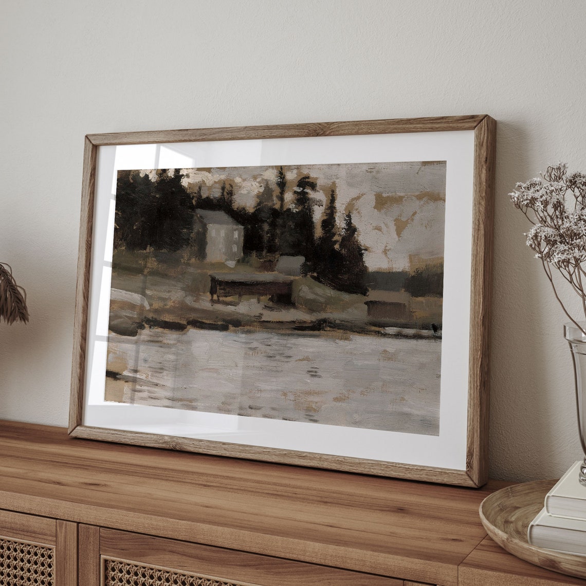 Vintage Rustic House Water Dark Trees Abstract Landscape Poster - Image 4