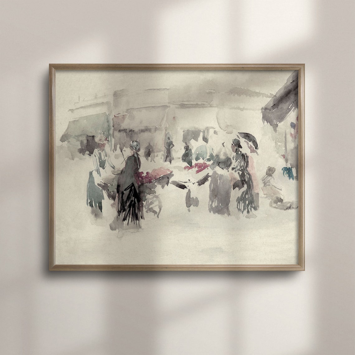 Flower Market Figures Neutral Antique Watercolor Market Scene Poster