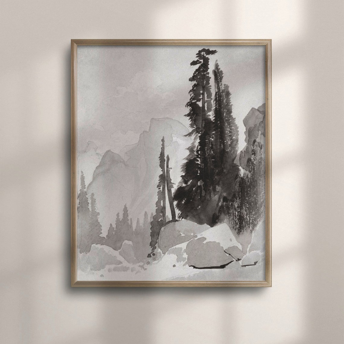Mountain Pines Ink Wash Rustic Woodland Black White Drawing Art Poster
