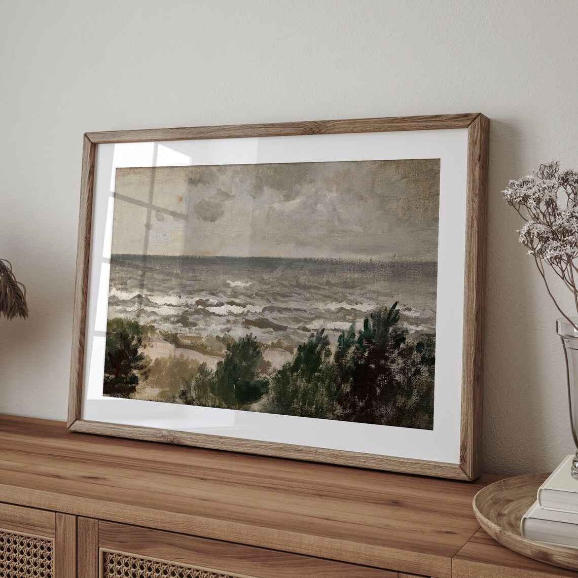 Vintage Coastal Oil Sketch Of Gray Sea Breakers And Beach Shrubs Print - Image 4