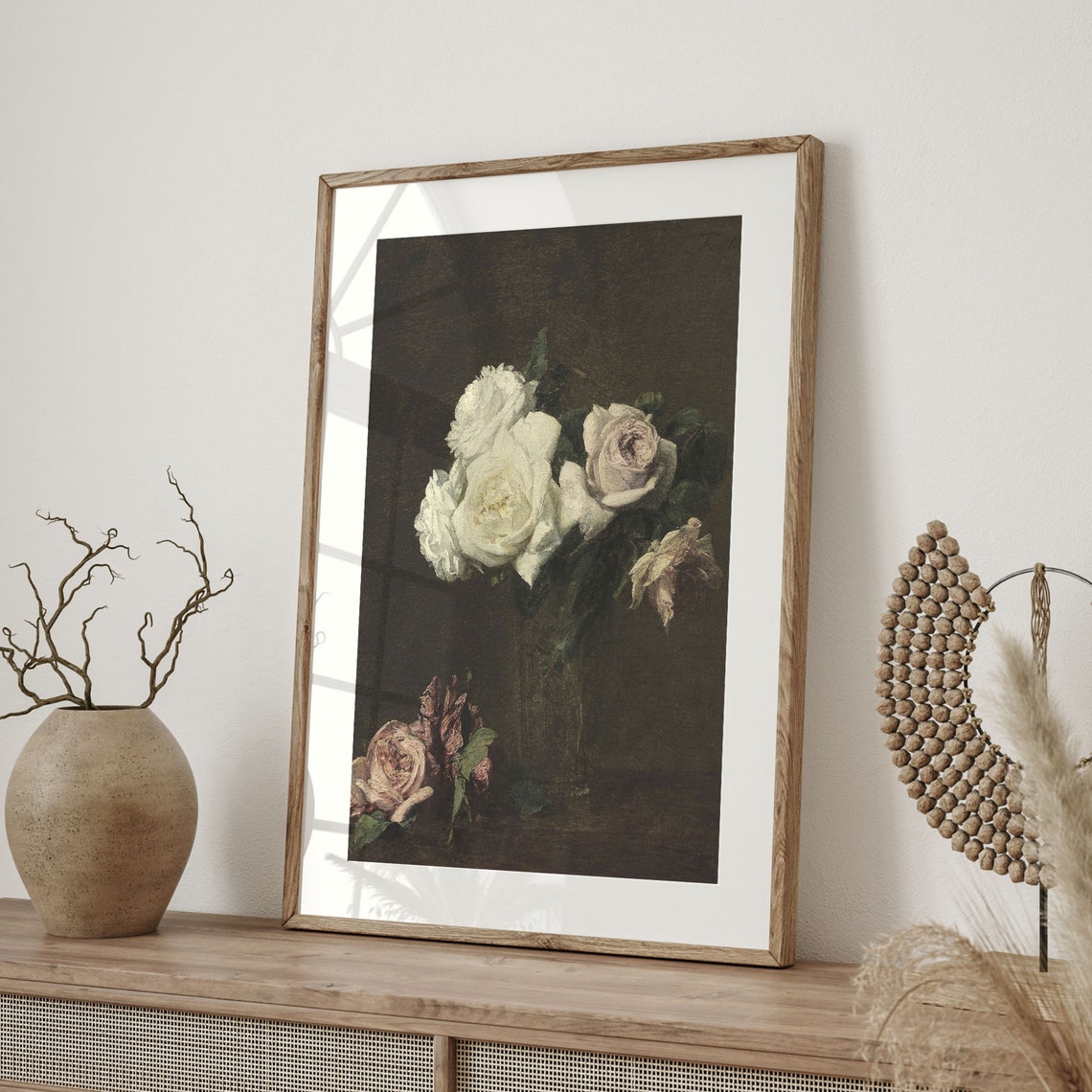 White Roses Dark Moody Vintage Floral Still Life Painting Poster - Image 4