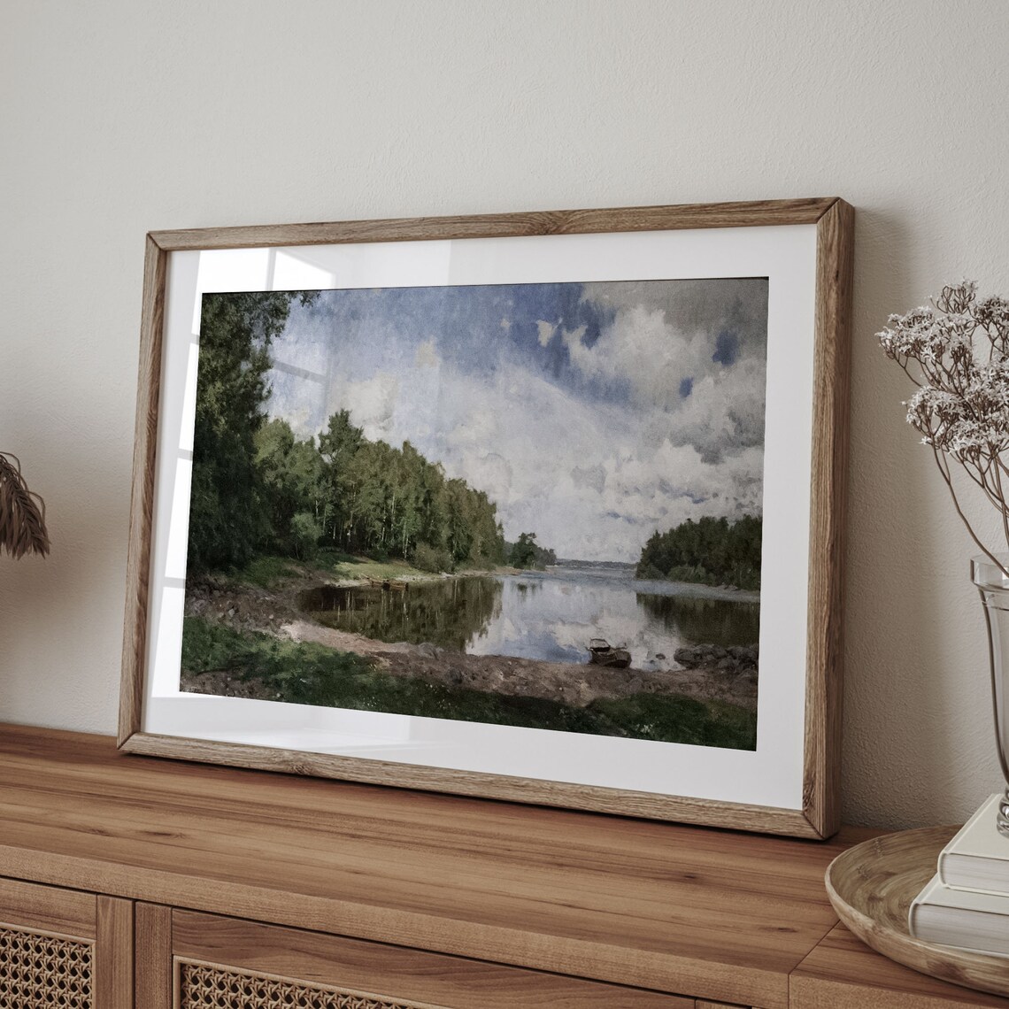 Calm Lake Shore with Trees and Rowboat Vintage Oil Art Poster - Image 4