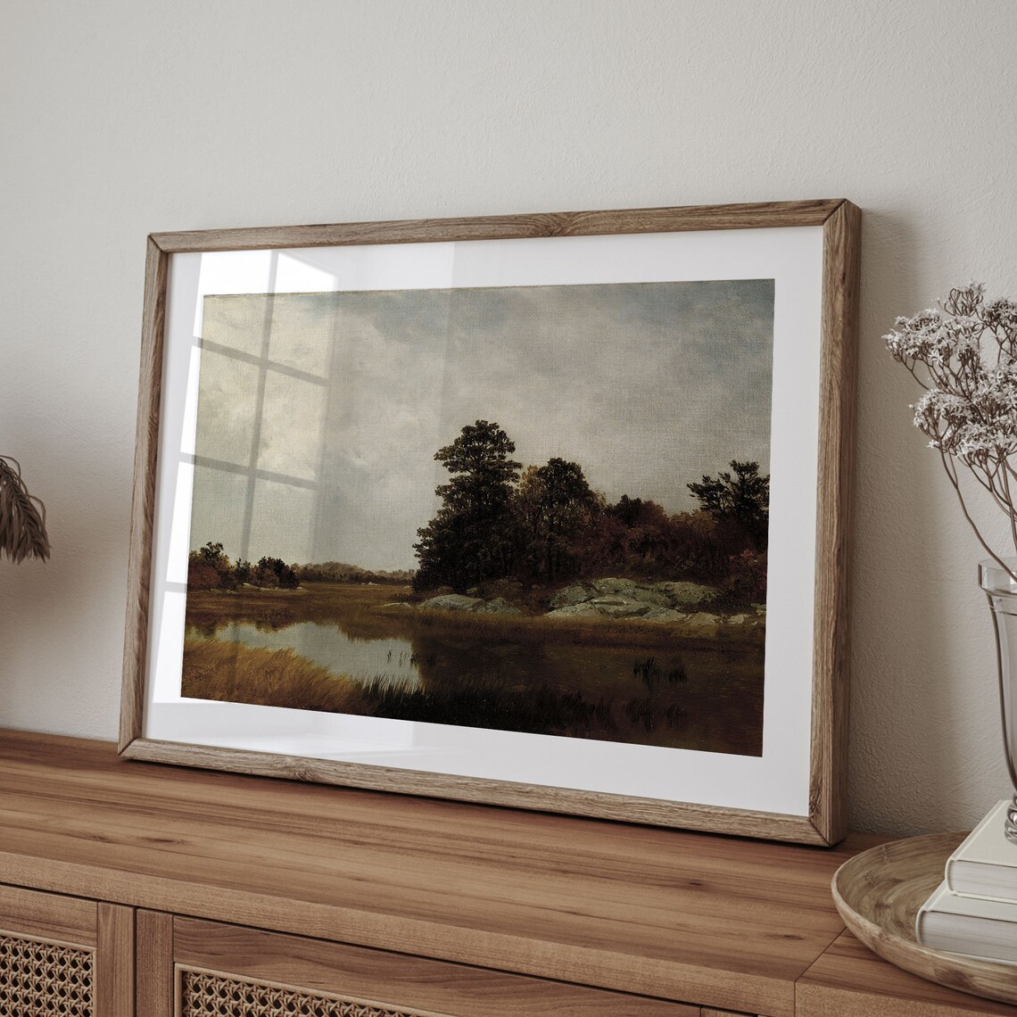 Dark Moody Marsh Landscape Antique Oil Painting on Lake Poster - Image 4