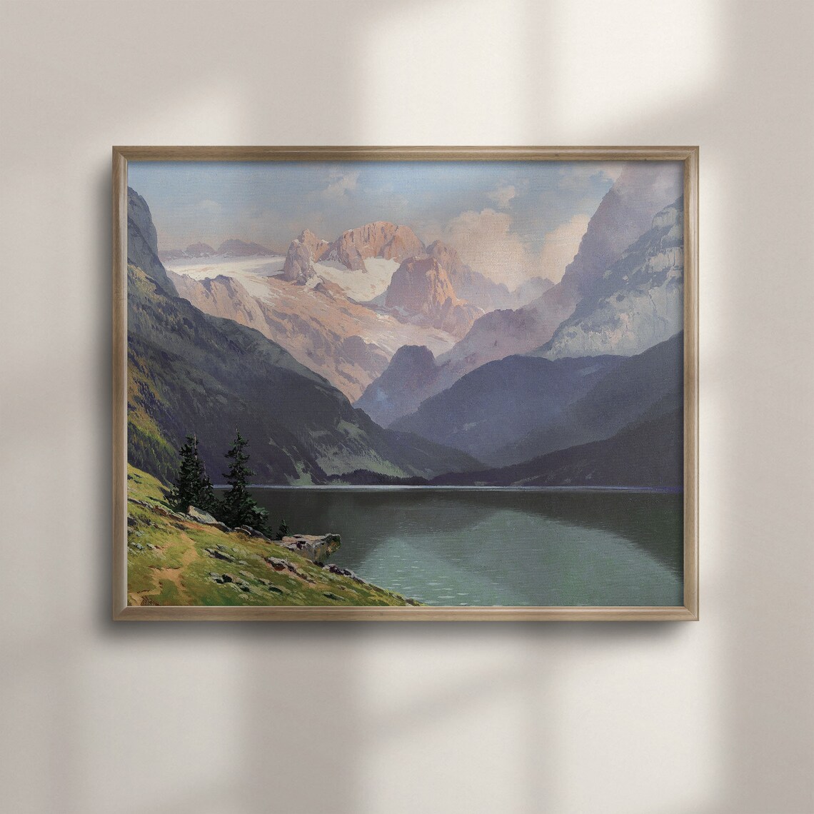 Snowy Alpine Mountain Lake Vintage Nature Landscape Painting Poster