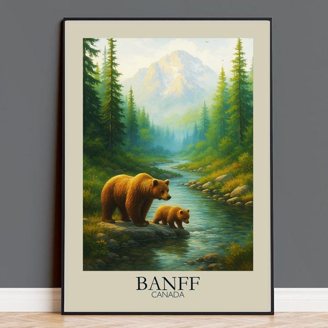 Banff Canada Vintage Grizzly Bear Cub Mountain Stream Poster
