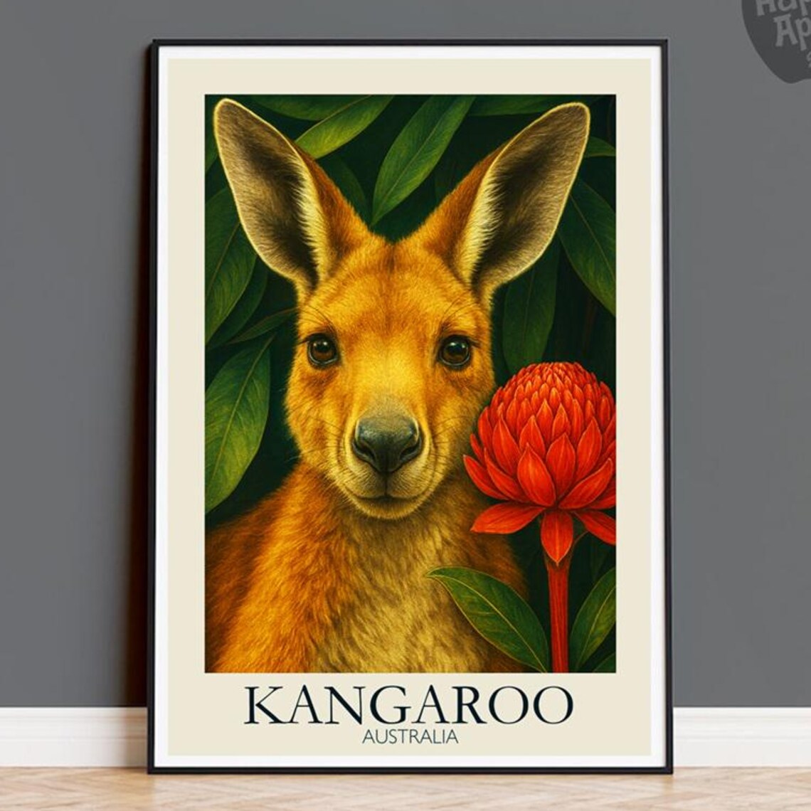 Kangaroo Waratah Flower Print Modern Australian Animal Art