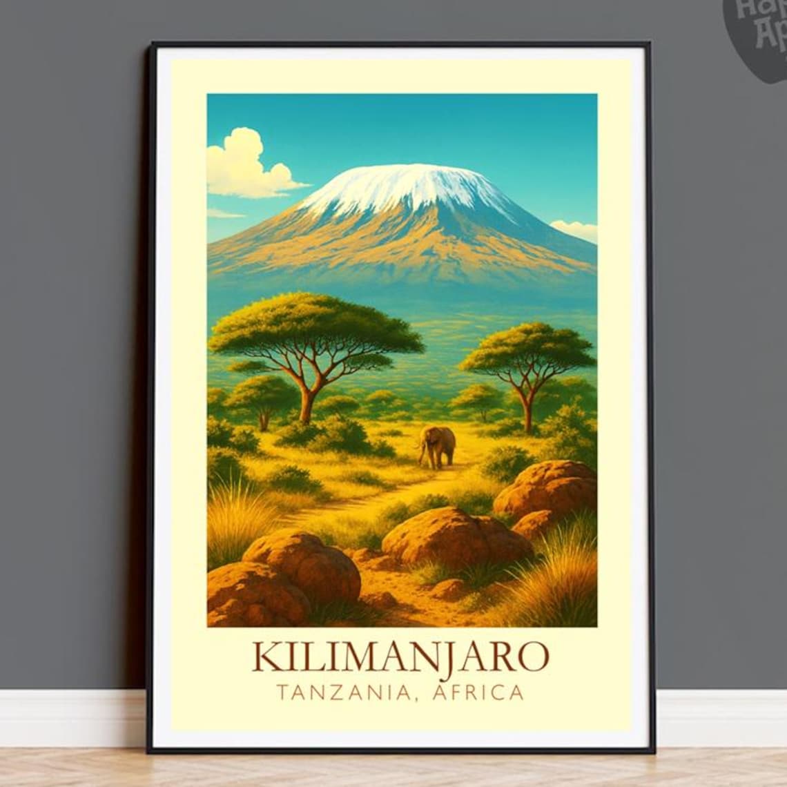 Kilimanjaro Tanzania Africa Elephant Vintage Safari Travel Poster