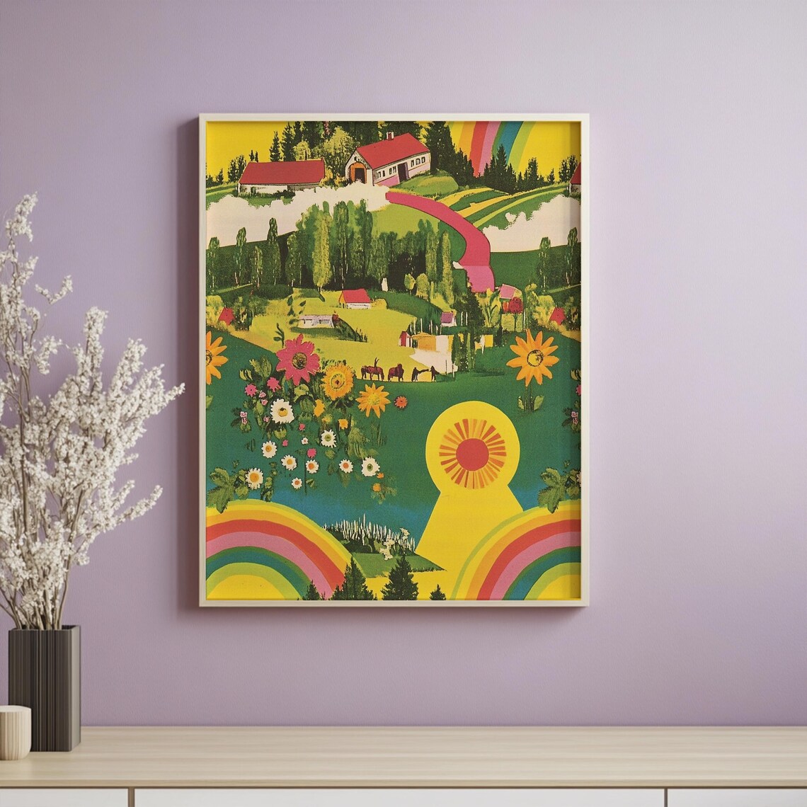 Retro Utopian Rainbow Landscape Print 70s Groovy Countryside Poster Vintage Inspired Psychedelic Wall Art - Image 2