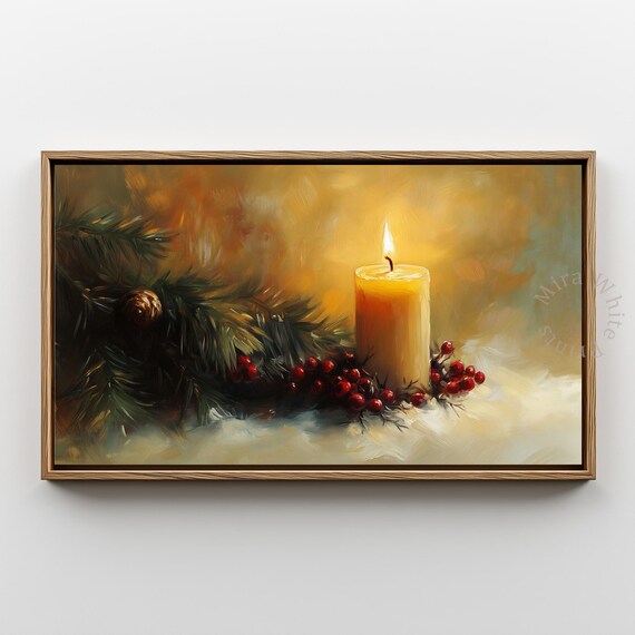 Glowing Golden Candle Pine Berries Holiday Still Life Cozy Winter Night Poster