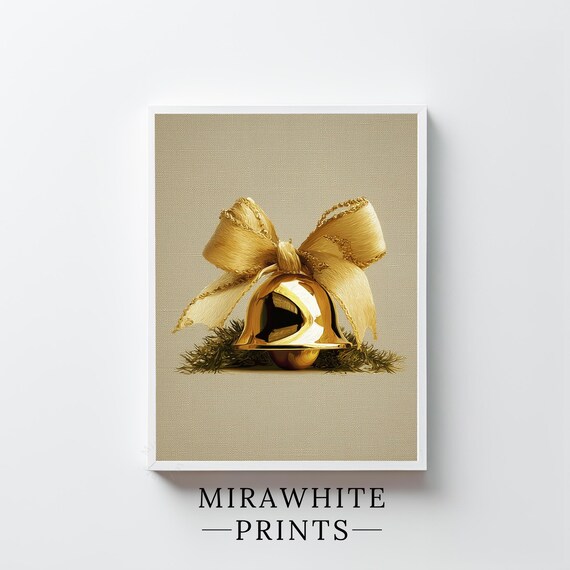 Golden Christmas Bell Gold Ribbon Vintage Holiday Art Poster