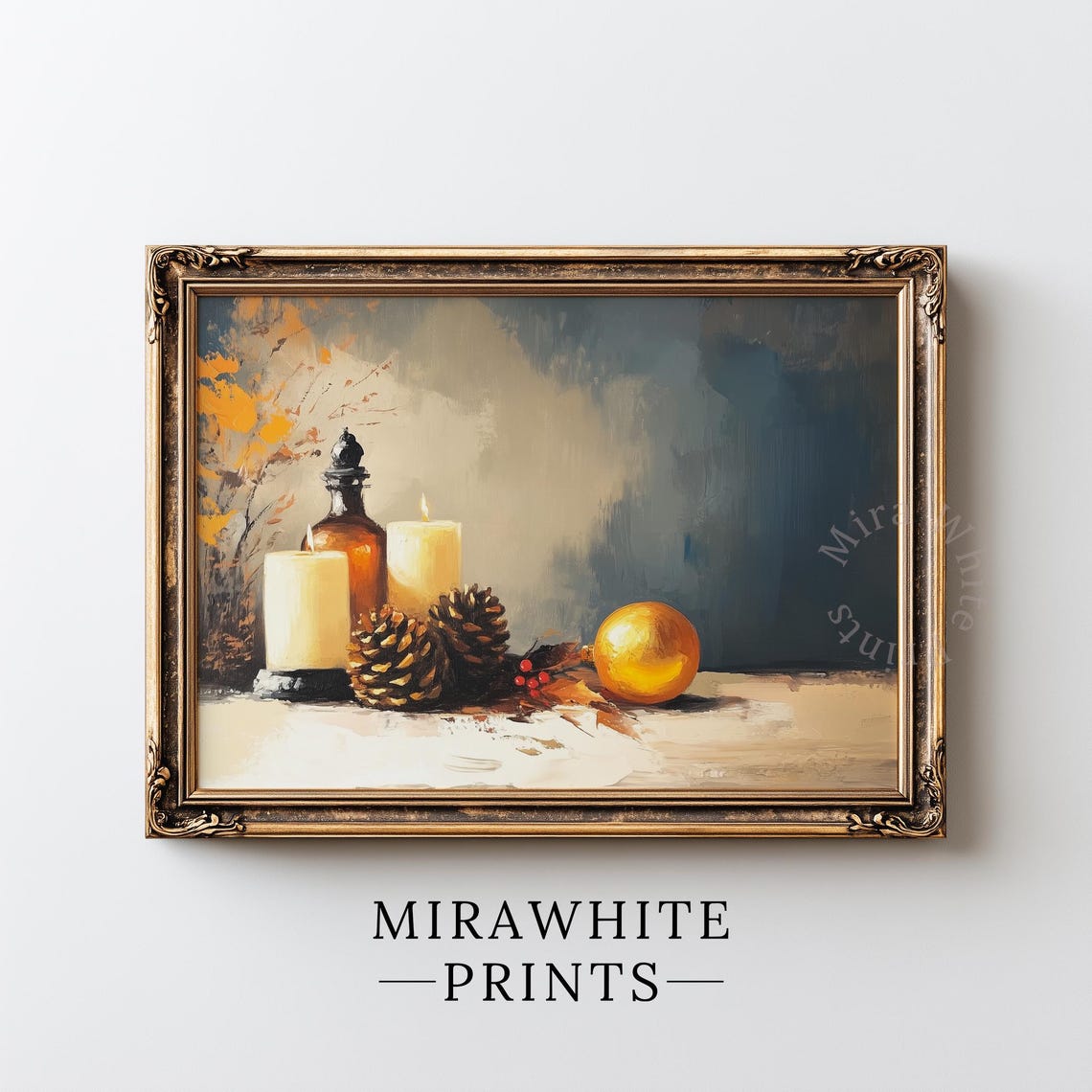 Christmas Candles Pinecones Golden Ornament Snowy Still Life Print