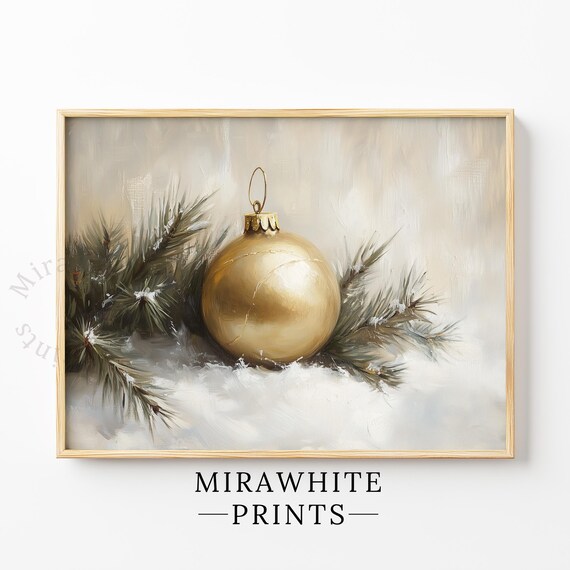 Gold Christmas Ornament Snowy Pine Branches Holiday Painting Print