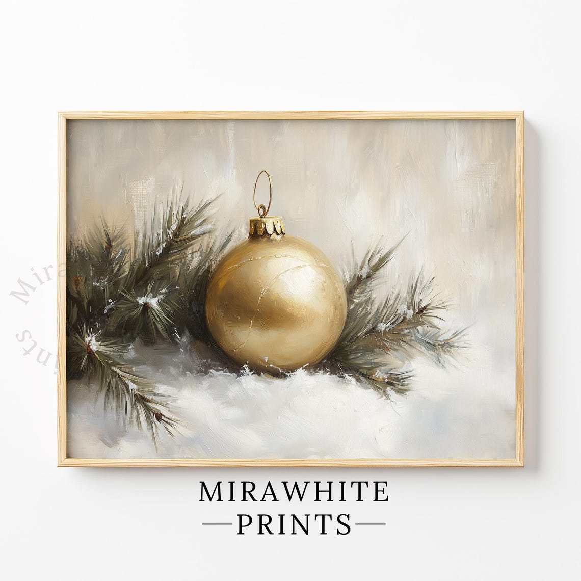 Gold Christmas Ornament Snowy Pine Branches Holiday Painting Print