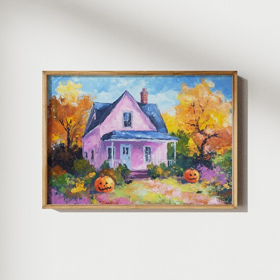 Pink Haunted Cottage with Jack O Lanterns in Fall Painting Poster