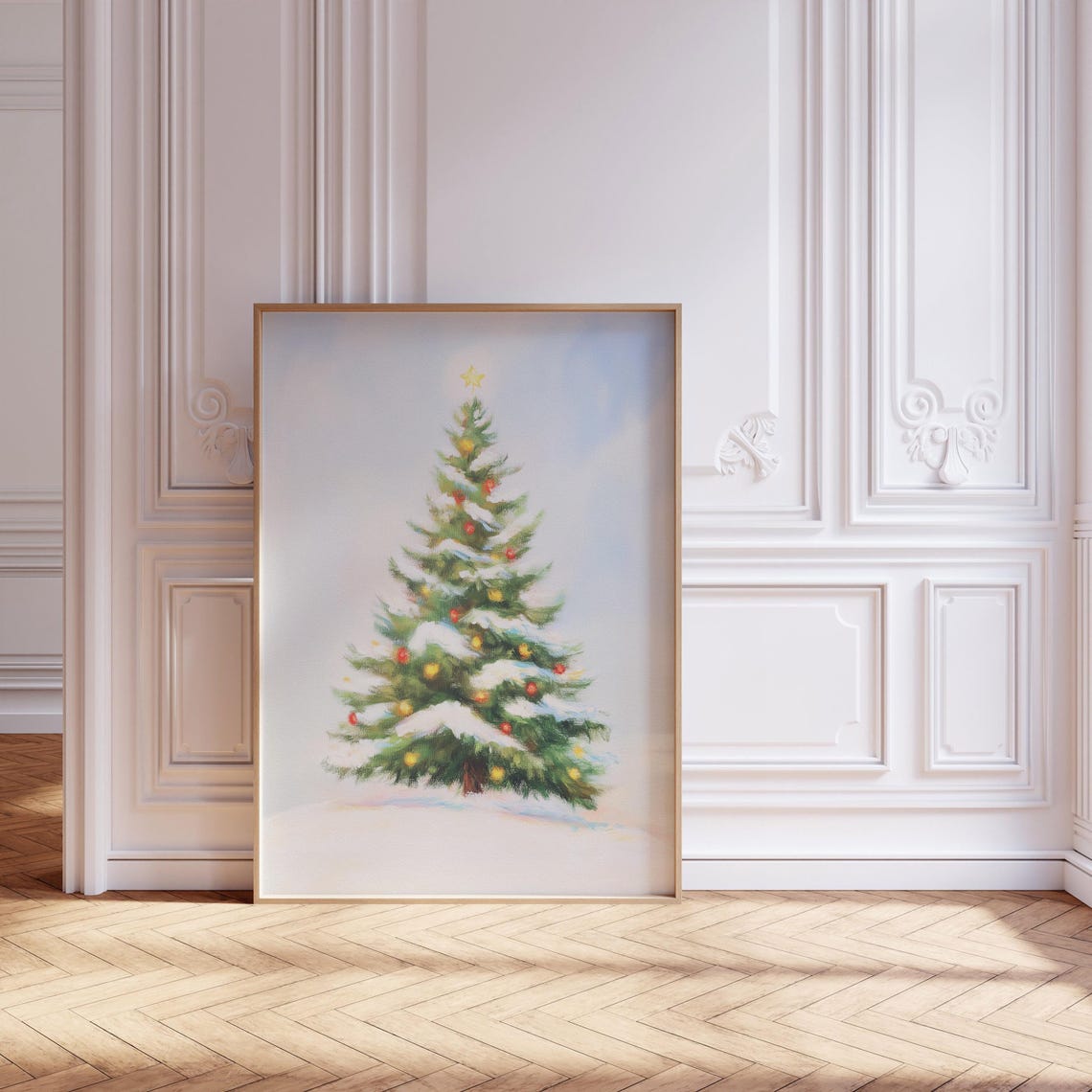 Vintage Christmas Tree Drawing Snowy Branches Red Gold Ornament Poster - Image 5
