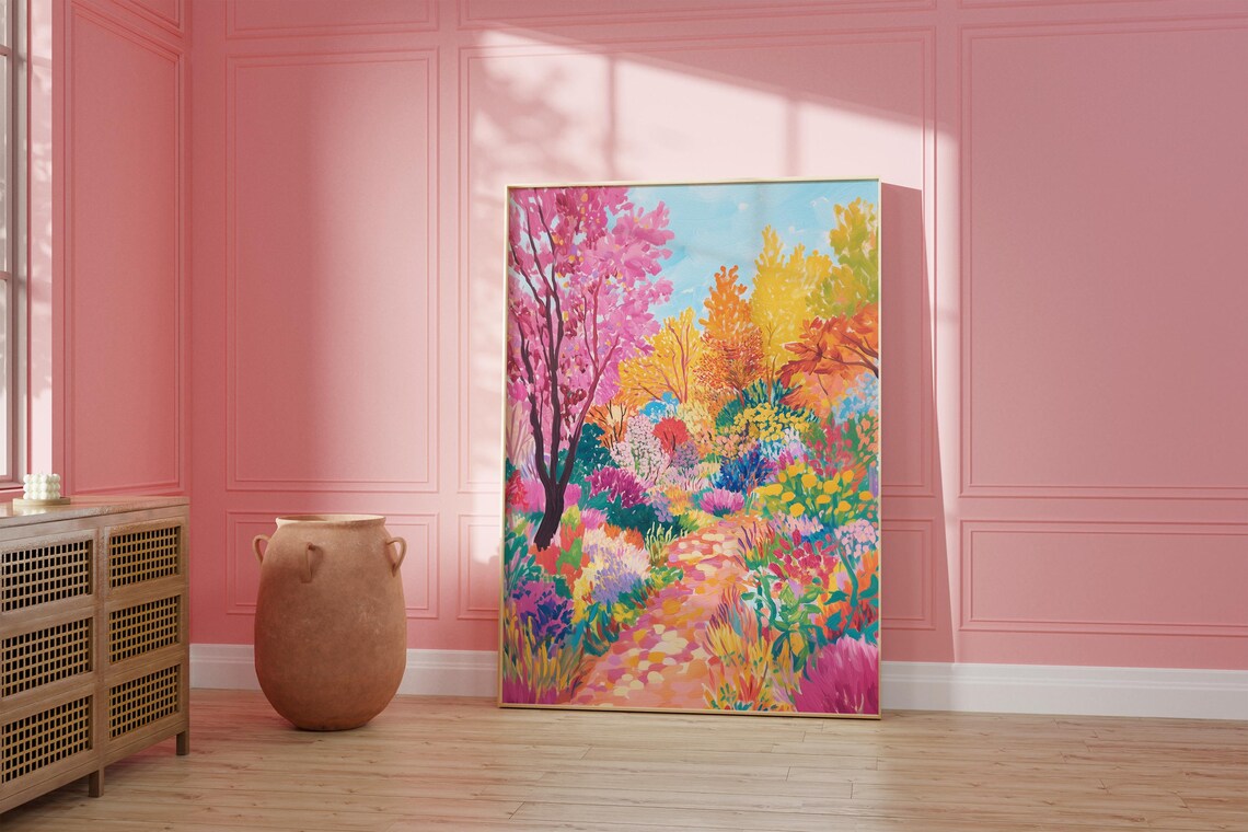 Colorful Abstract Forest Pink Orange Trees Floral Path Modern Wall Poster - Image 2