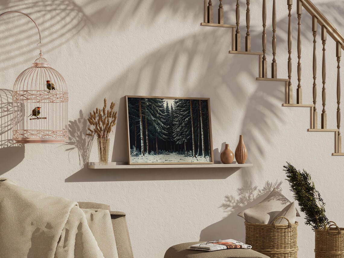 Vintage Winter Pine Forest Rustic Snowy Landscape Dark Cabin Wall Poster - Image 4