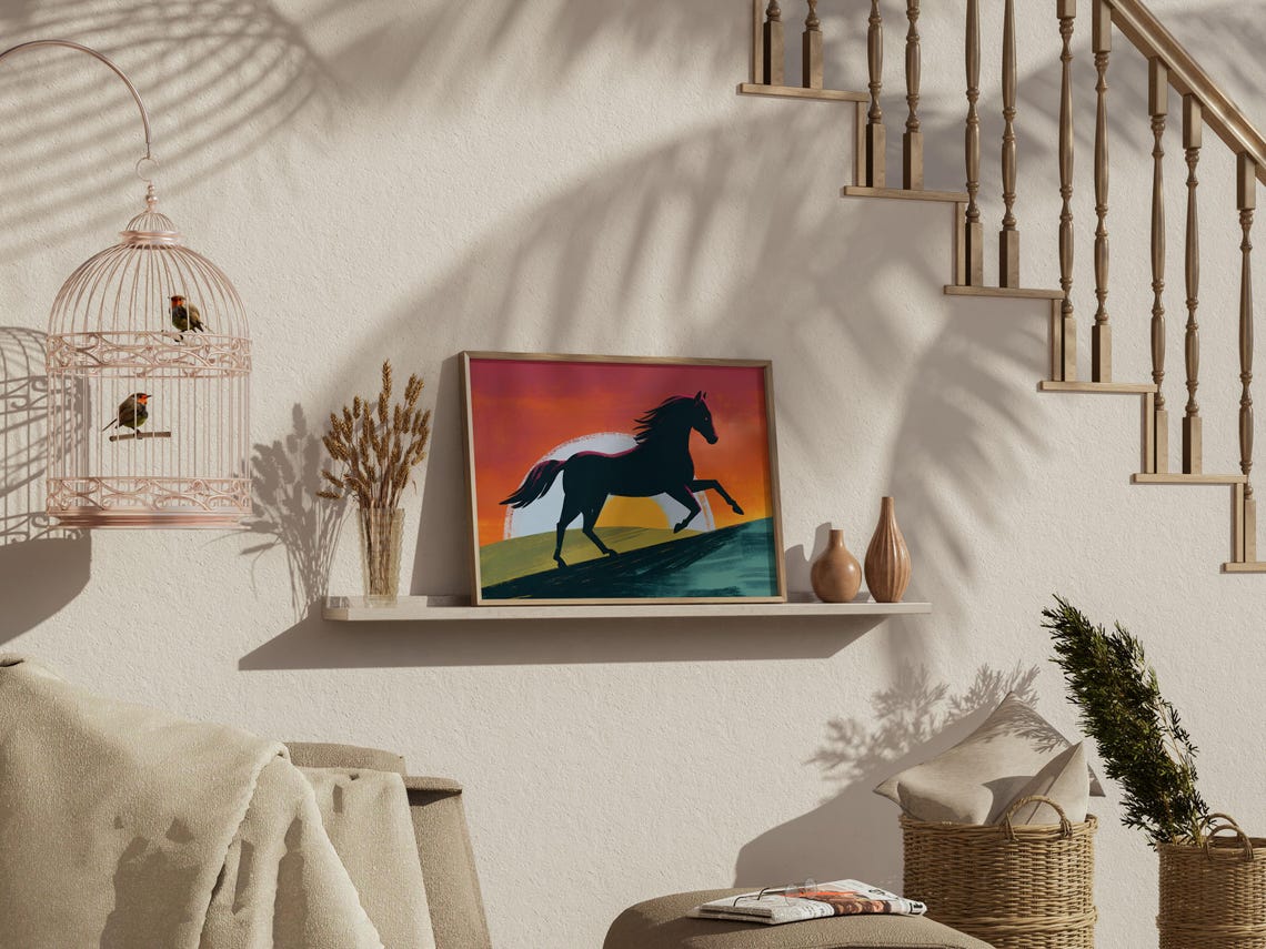 Horse In The Sunset Print Southwestern Room Decor Neutral Western Home Art Painting Western Horse Poster Western Art - Image 3
