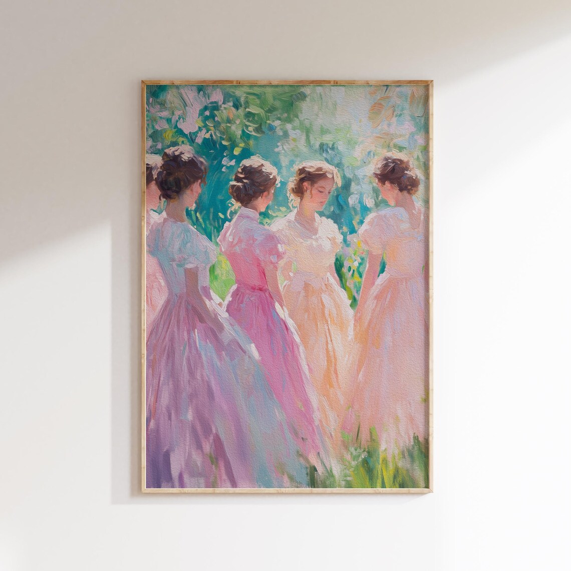 Girls in Pastel Dresses Gathering in a Sunny Garden Painting Poster