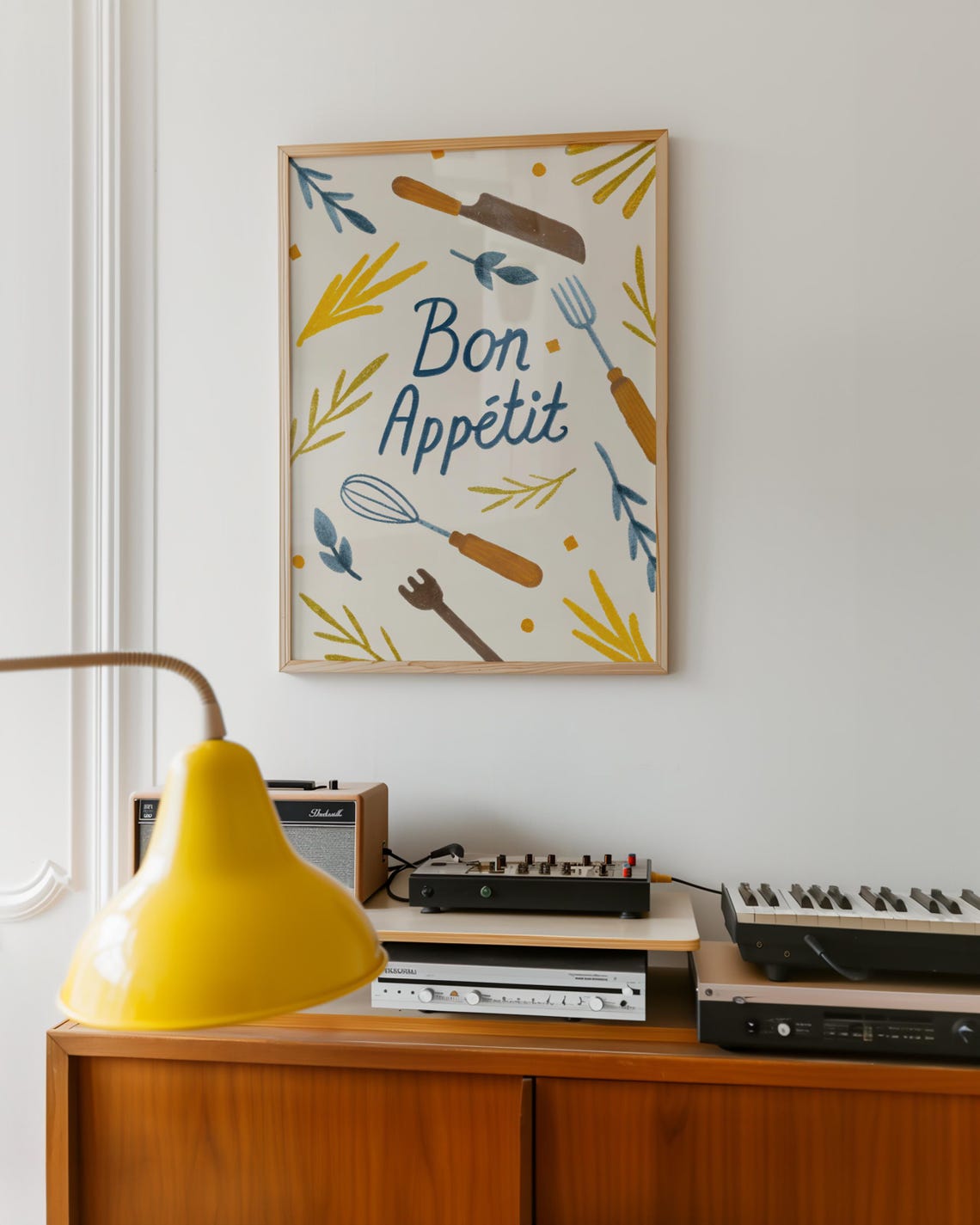 Bon Appetit Hand Drawn Kitchen Utensils Mustard Blue Wall Poster - Image 2