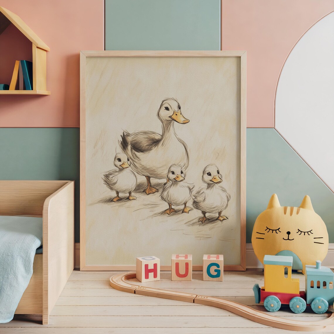 Nursery Mother Duck With Ducklings Beige Sketch Kids Room Animal Poster - Image 4