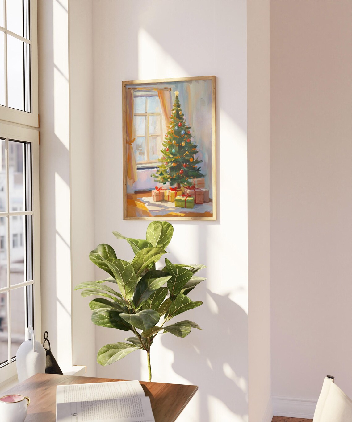 Pastel Christmas Tree With Gifts By Window Oil Painting Holiday Poster - Image 5