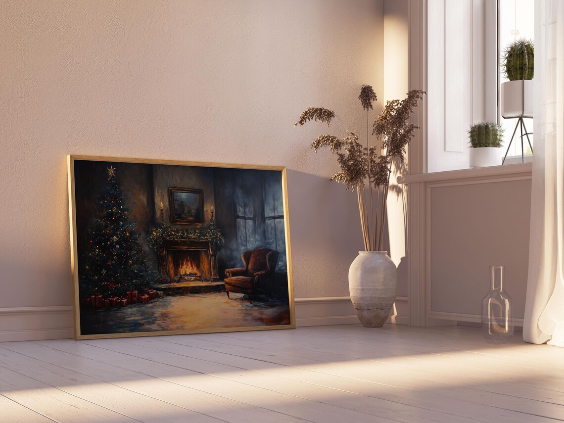 Vintage Moody Christmas Fireplace Painting Cozy Winter Night Poster - Image 3