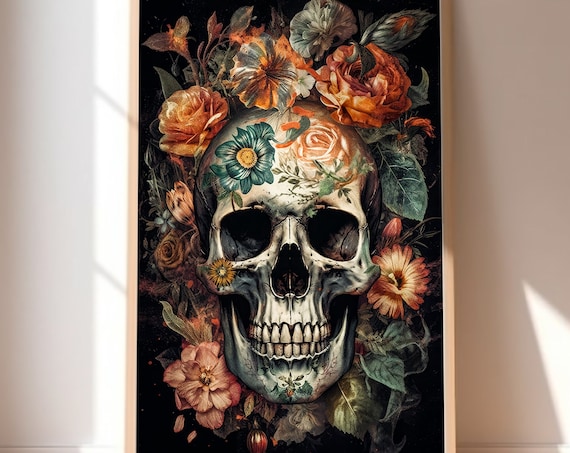 Ornamental Floral Skull With Roses on Dark Background Wall Art