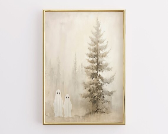 Two Cute Ghosts Beside Tall Pine Tree Misty Forest Halloween Wall Art