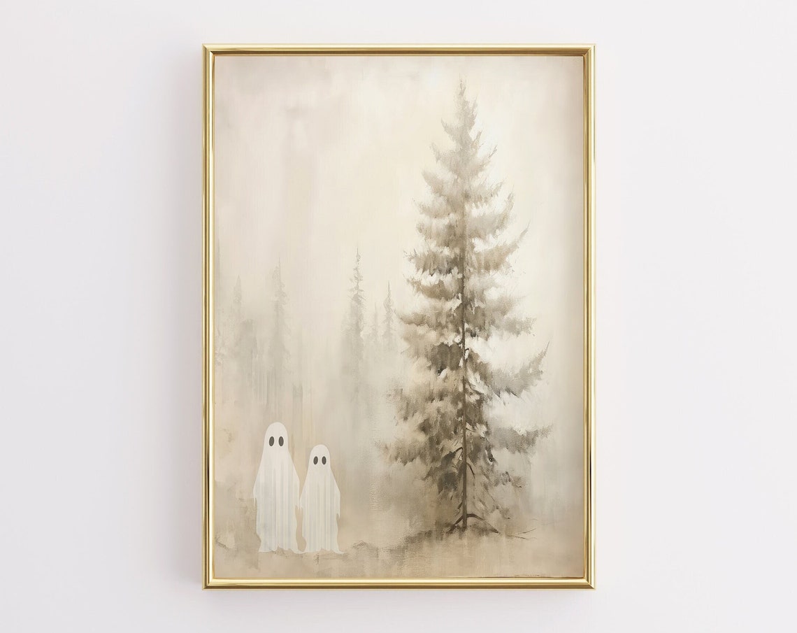 Two Cute Ghosts Beside Tall Pine Tree Misty Forest Halloween Wall Art